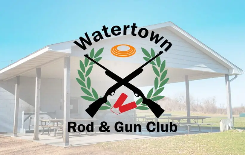Watertown Rod and Gun Club logo overlaid on a photo of the clubhouse